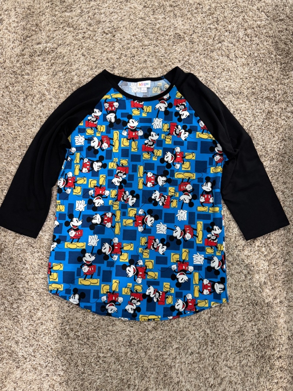 LuLaRoe Disney 3/4 sleeve shirt Mickey poses blue background/black sleeves Large